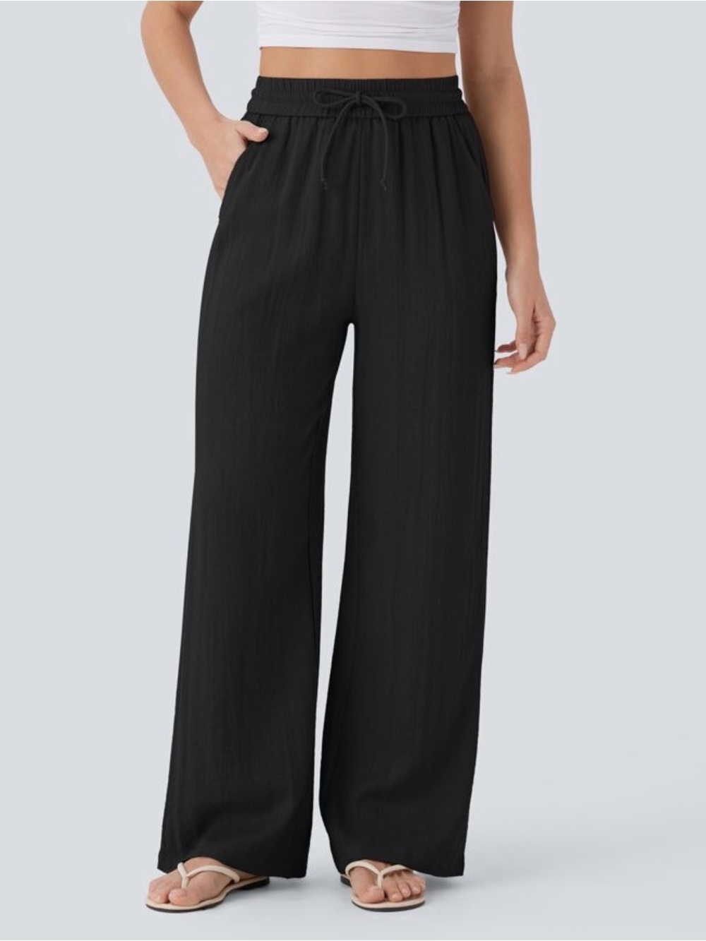 NWT HALARA Black Linen-Feel Wide Leg Pants Medium Regular